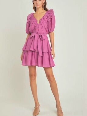 Endless Rose Magenta Puff-Sleeve Ruffle Tiered Mini Dress Size Small